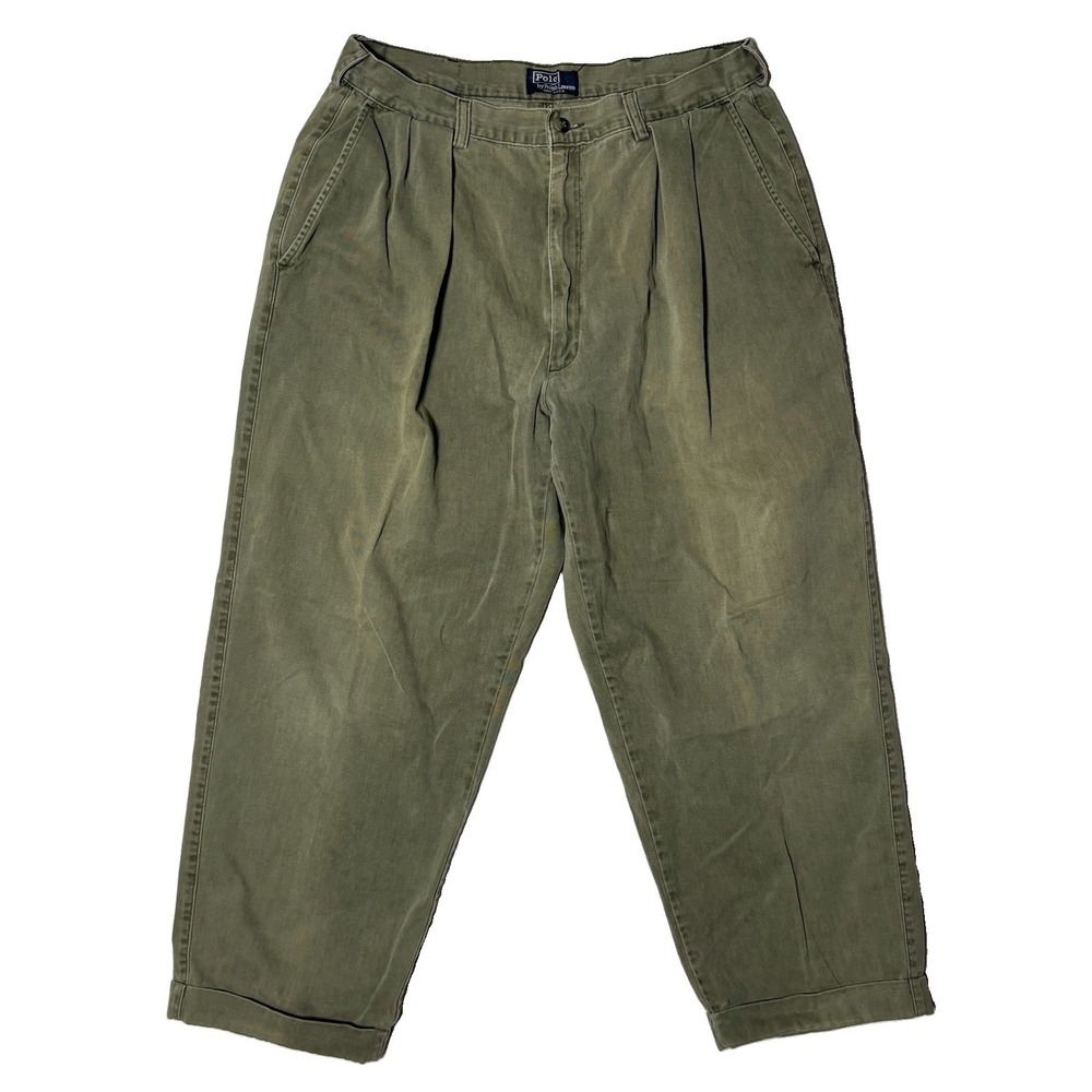 Vintage Polo Ralph Lauren Chino Pants Pleated Trousers Olive Made USA Mens 36x32
